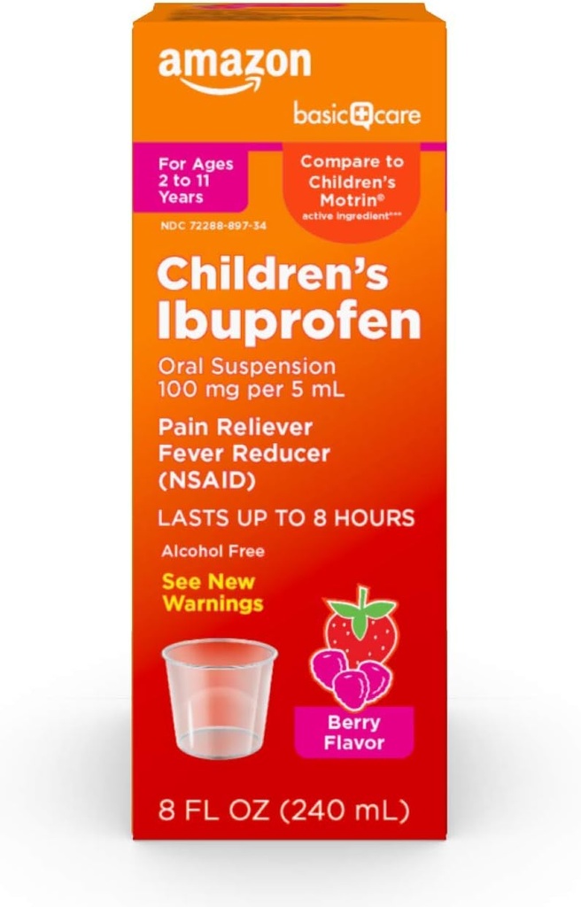 Basic Care Children 's Ibuprofen Oral Suspension, 100 mg per 5 ml, Pain Reliever og Fever Reducer, Berry Flavor, For Sore Throat, Hovedpine Relief og mere, 8 fl oz (pakke med 1)