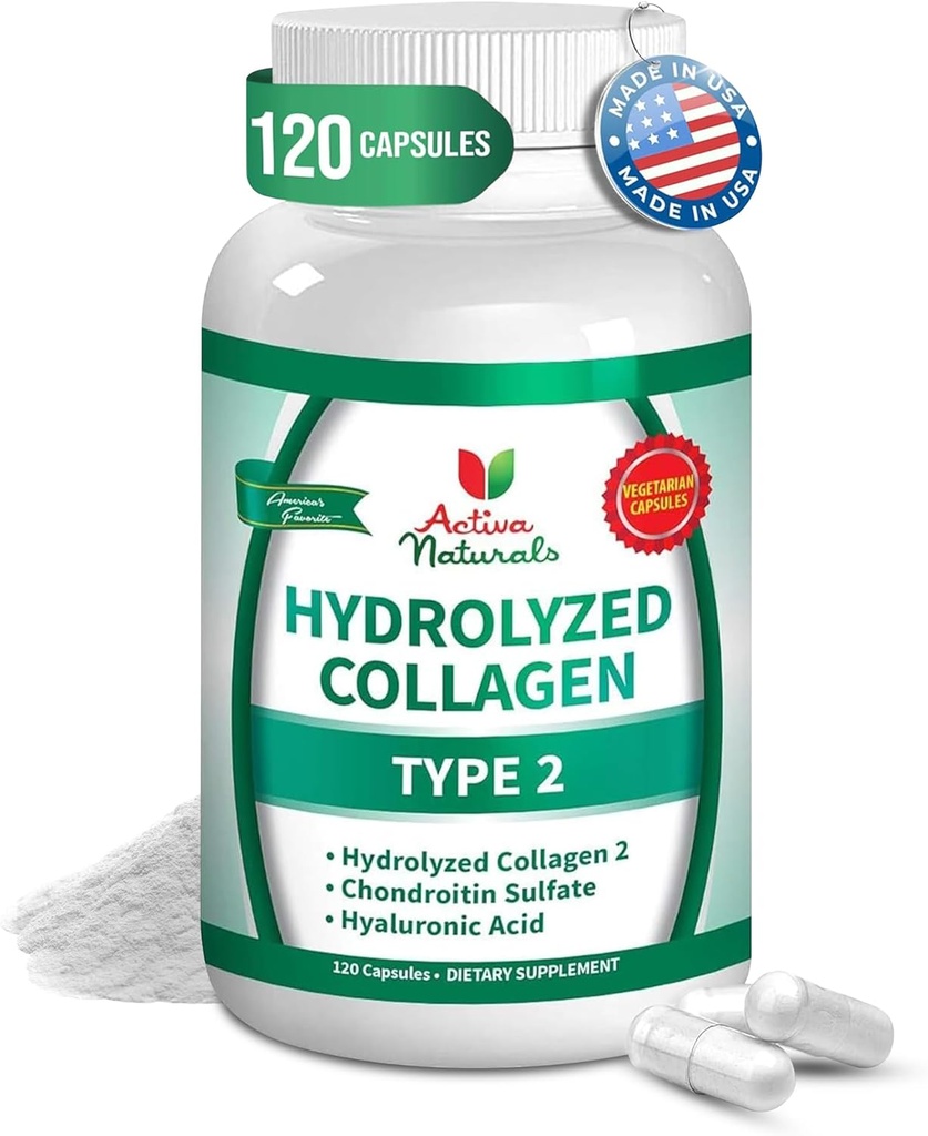 Kollagen type 2 Hydrolyzed Supplement med Chondroitin og Hyaluronic, for sundt hår, hud, og negle, ingen fyldstoffer, tilsætningsstoffer, og ingen kunstige farver - 120 Vegetariske kapsler