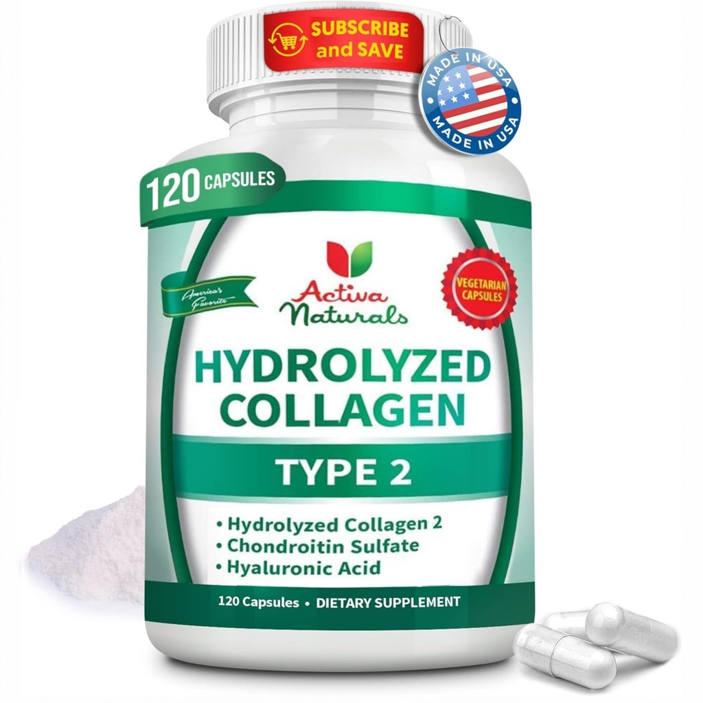 Kollagen type 2 Hydrolyzed Supplement med Chondroitin og Hyaluronic, for sundt hår, hud, og negle, ingen fyldstoffer, tilsætningsstoffer, og ingen kunstige farver - 120 Vegetariske kapsler