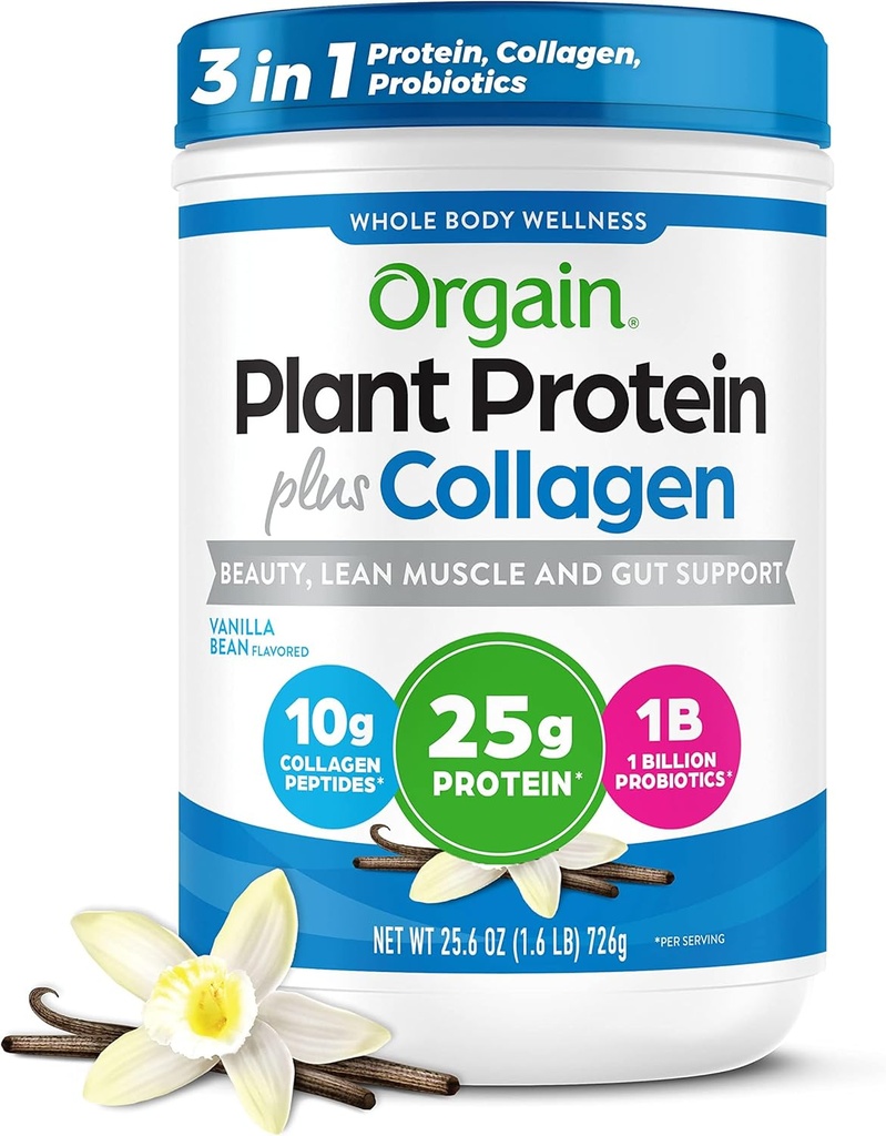 Orgain Protein Powder + Collagen, Vanilla Bean - 25g Protein, 10g Collagen Peptider, Type I & III, 1B CFU Probiotika, Understøtter hår, hud, nail, Joint & Gut Health, Gluten Free - 1.6lb