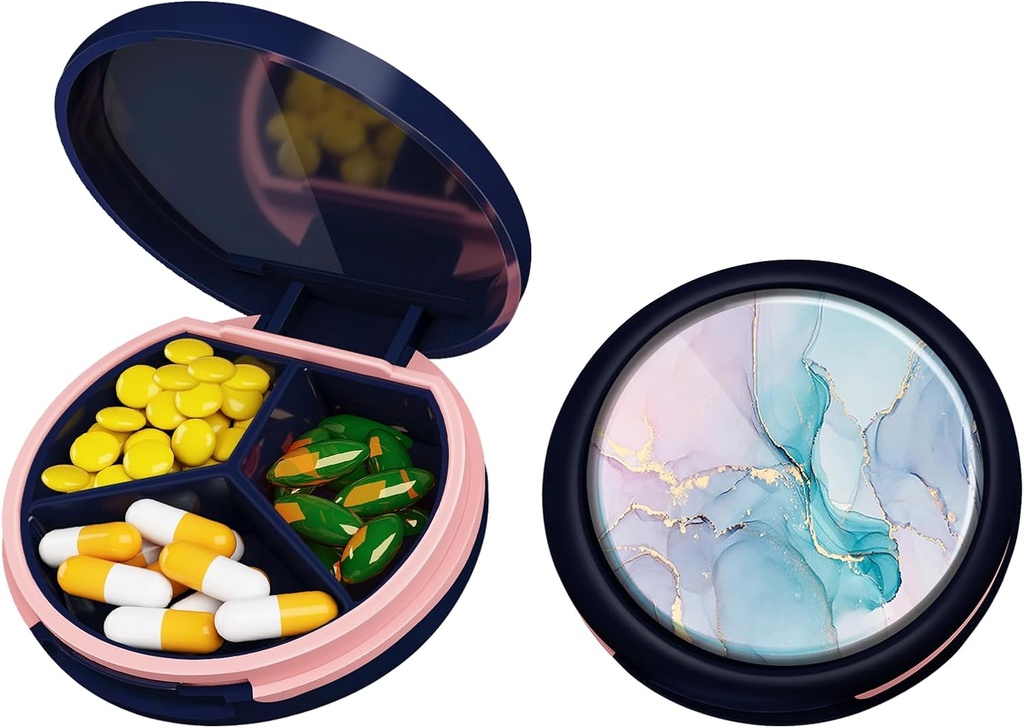 Serfeymi Small Pill Box - 3 kompartmenter Portable Pill Box til purse pocket, Compact Mini Travel Pill Case - Egnet til medicin, Vitamin, Fish Oil, Kosttilskud - mørkeblå (Marble)