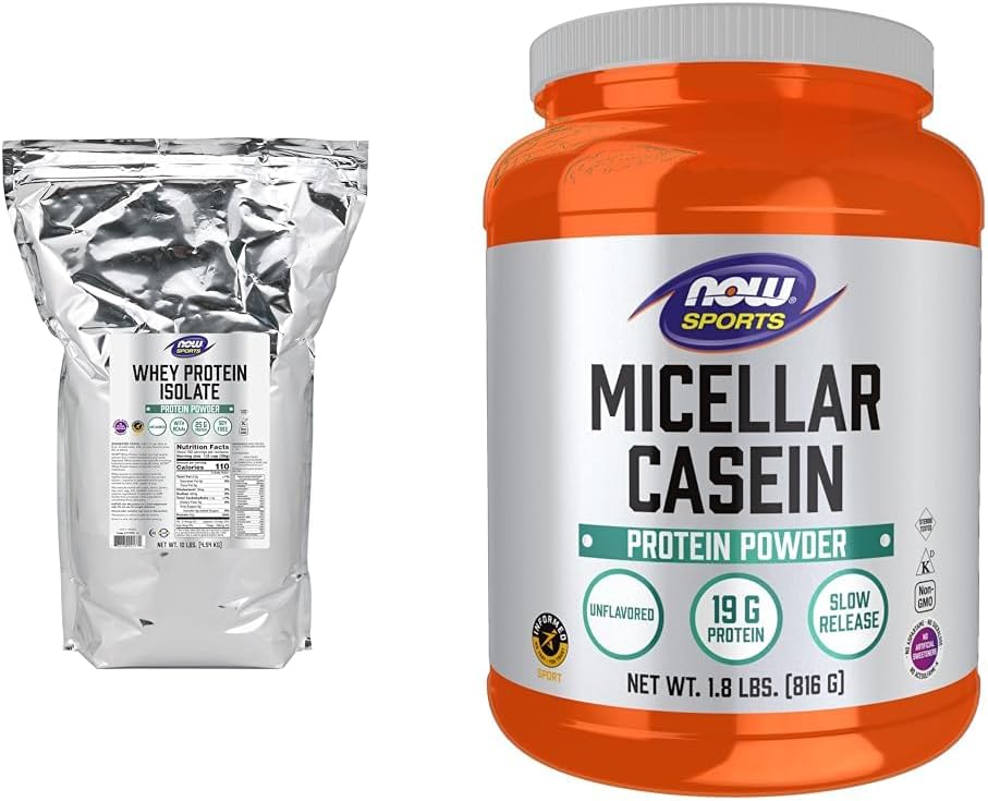 NOW Sports Nutrition, Whey Protein Isolate, 25 g with BCAAs, Unflavored Powder, 10-Pound & Sports Nutrition, Micellar Casein 19 g, Slow Release, Unflavored Powder, 1.8-Pound
