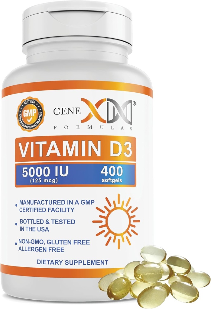 Genex formulas D3 5000IE (400 Softgel) Naturlig støtte til knoglerelateret funktion - ikke-GMO, gluten fri, allergen- fri