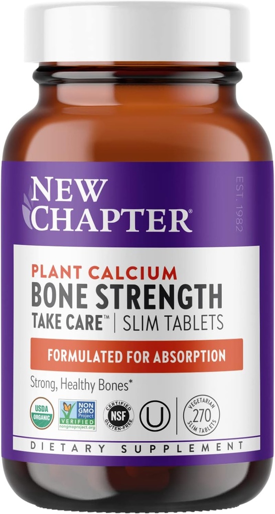 Nyt kapitel Calcium supplement - Knoglestyrke Organisk Calcium med Magnesium, D3-vitamin + K2, 70 + spor mineraler for ben sundhed, Gluten Free, Let at synke Slim tabletter - 270 Tæl