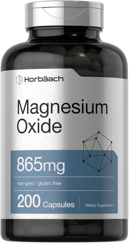 Horbäach Magnesium Oxide 865 mg 10 mg 12 4; 200 Kapsler 12 4; Non- GMO og Gluten Free Supplement
