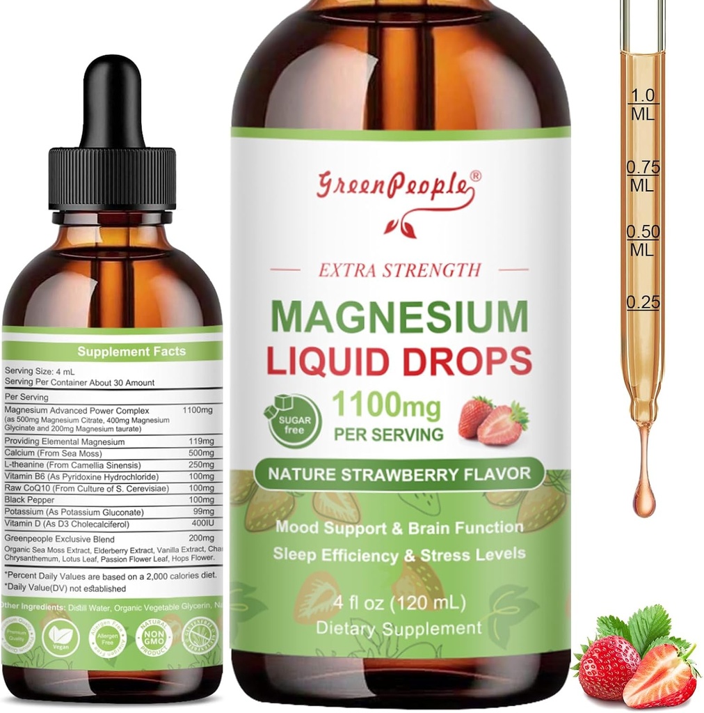 GREENPEOPLE Magnesium Glycinate Liquid Drop - 17- in-1 4Fl. Oz Triple Magnesium Complex supplement med Glycinate 400mg & Citrate 500mg Taurat / L- Theanin for rolige mood / muskel / søvn, Strawberry Flavor