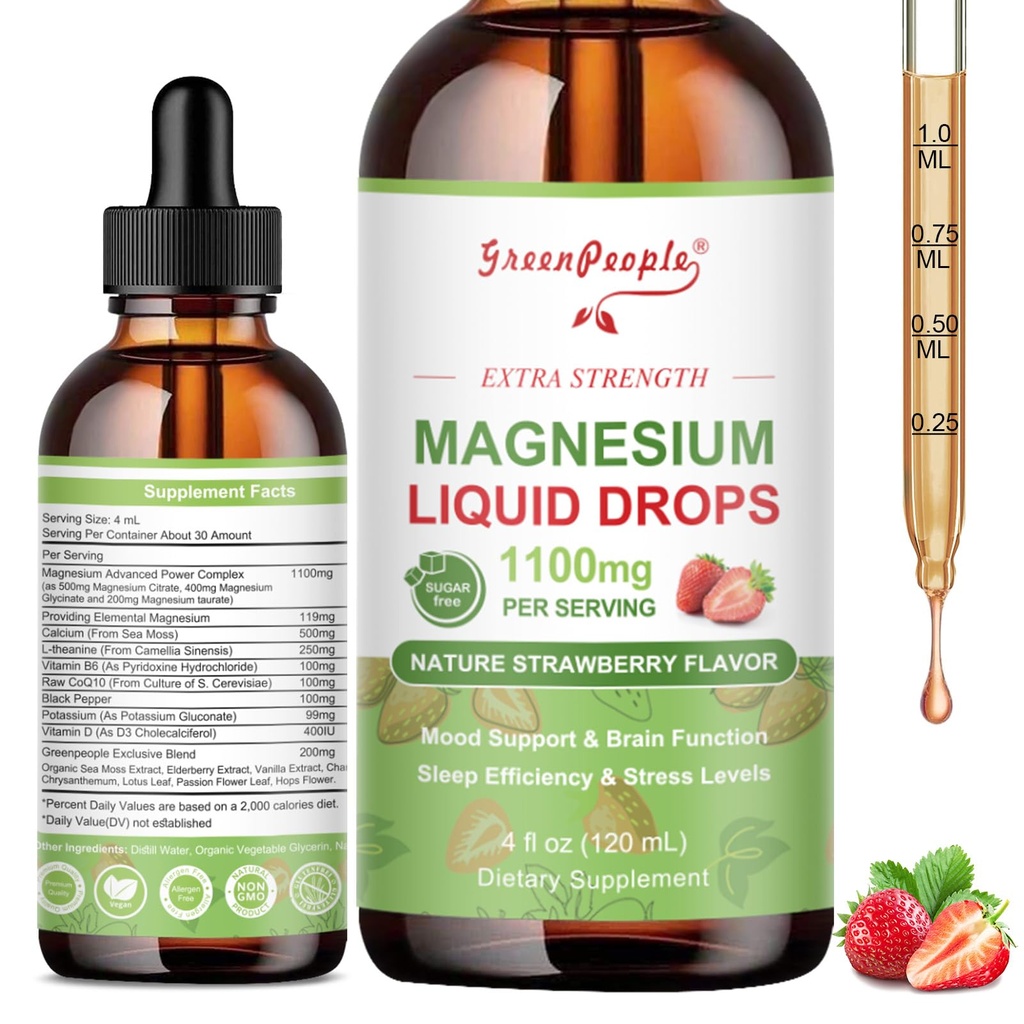GREENPEOPLE Magnesium Glycinate Liquid Drop - 17- in-1 4Fl. Oz Triple Magnesium Complex supplement med Glycinate 400mg & Citrate 500mg Taurat / L- Theanin for rolige mood / muskel / søvn, Strawberry Flavor