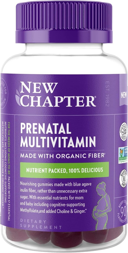 Nyt kapitel Prenatal Multivitamin Gummies - 67% mindre sukker, Prenatal Gummies for mor & sund Baby med methylfolat, D3- vitamin, cholin + Ginger, non-GMO, gluten Free, Berry Citrus, 90ct