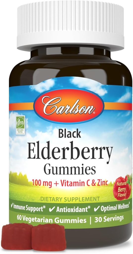 Carlson - Sort Elderberry Gummies, med C-vitamin og zink, immunstøtte, 60 Gummies