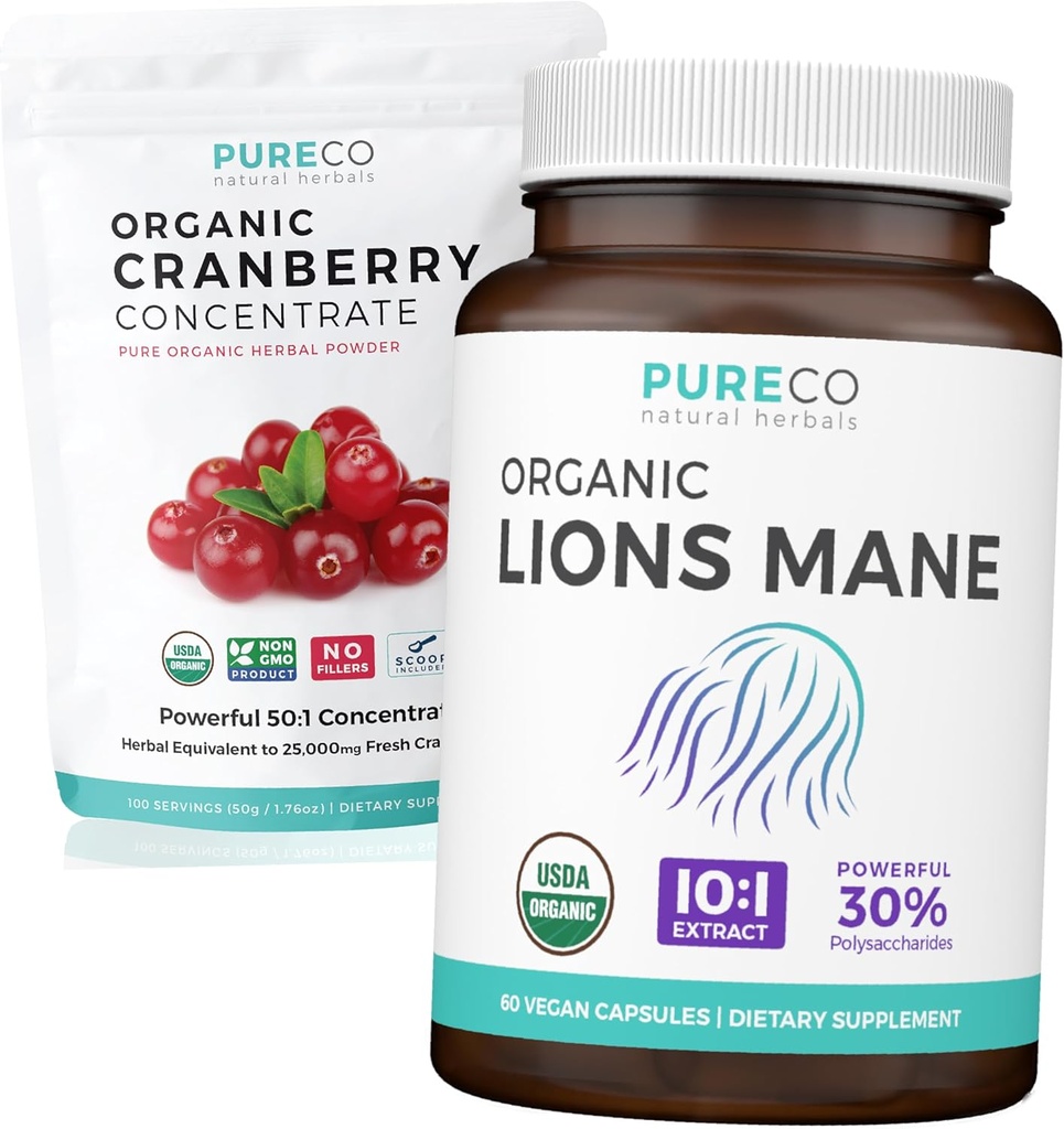 Cranberry Powder & Lions Mane (1 - Måned Supply) Mindful Cranberry Bundle of Organic Cranberry Concentrate Powder 50: 1 Extract (100 Scoops) & Organic Lions Mane Mushroom 10: 1 Extract (60 Caps)