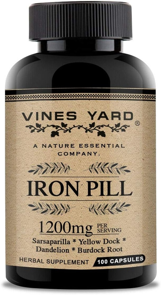 Jern Kosttilskud: 124; Natural Herbal Iron Pills: 124; Organic Sarsaparilla, Mælkebøtte, Burdock Root & Yellowdock Capsules: 1200mg