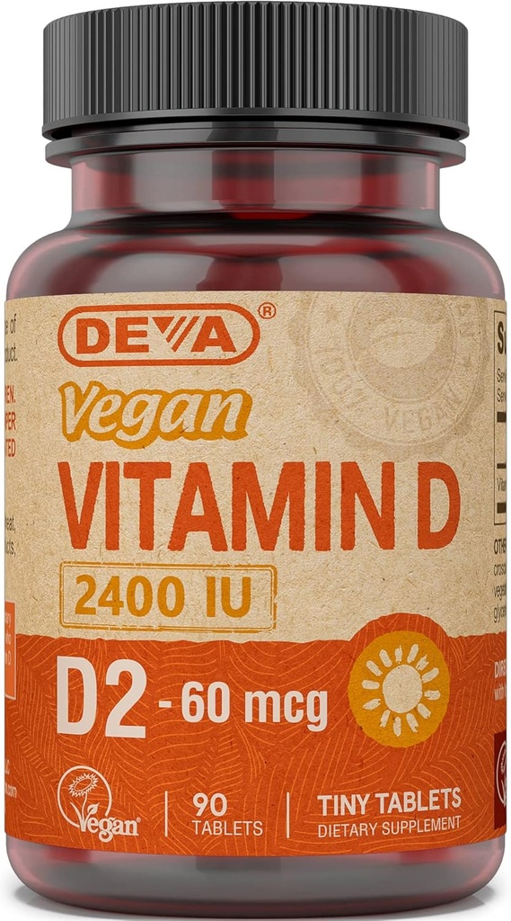 Deva Vegan Vitamin D2 60 mcg 2400 IE, Ergocalciferol Supplement med ingen animalske ingredienser, 90 tabletter, 1- Pack