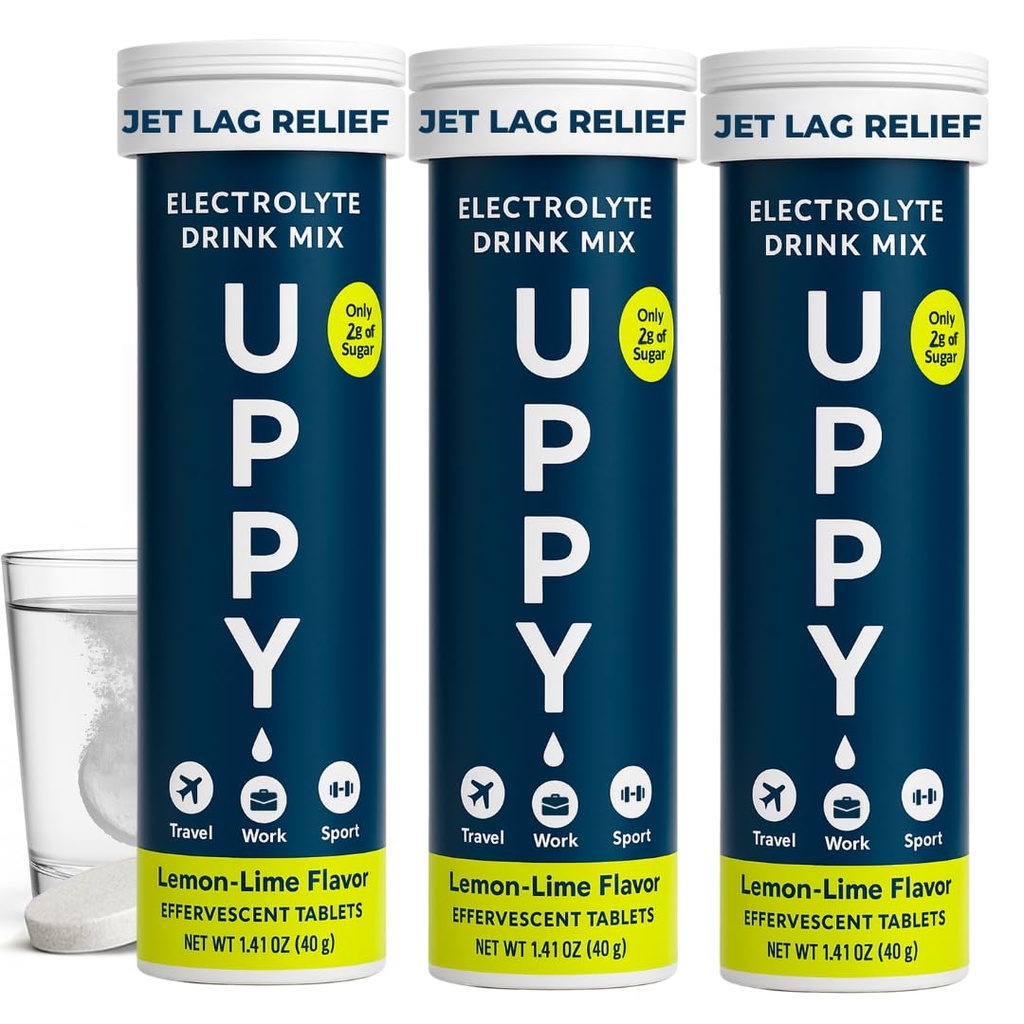 Uppy! Lemon- Lime Electrolyte Hydration Tablets - 30 Greve (3x10) - Opløser i vand til hurtig rehydrering - Til rejser, Sport & festivaler - Portable Electrolyte Wellness Drick