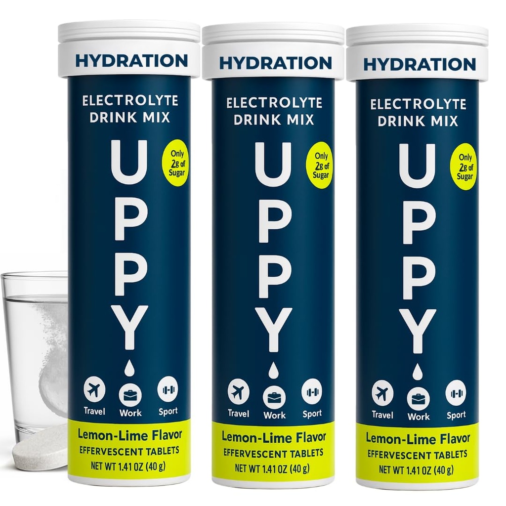 Uppy! Lemon- Lime Electrolyte Hydration Tablets - 30 Greve (3x10) - Opløser i vand til hurtig rehydrering - Til rejser, Sport & festivaler - Portable Electrolyte Wellness Drick