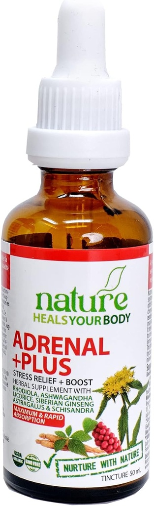 Adrenal + Plus - Stress releif + Boost - Herbal Tincture - Rhodiola - 124; Ashwagandha - 124; Licorice - 124; Eleuthero - 124; Astragalus - 124; Schisandra - 124; Organisk (50 ml)