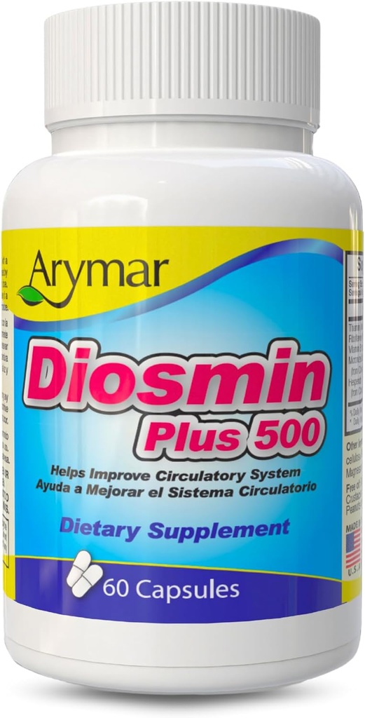 Arymar Diosmin Plus 500 mg - Circulatory Support Supplement med Mikronized Diosmin, Hesperidin & B DexComplex - 60 kapsler