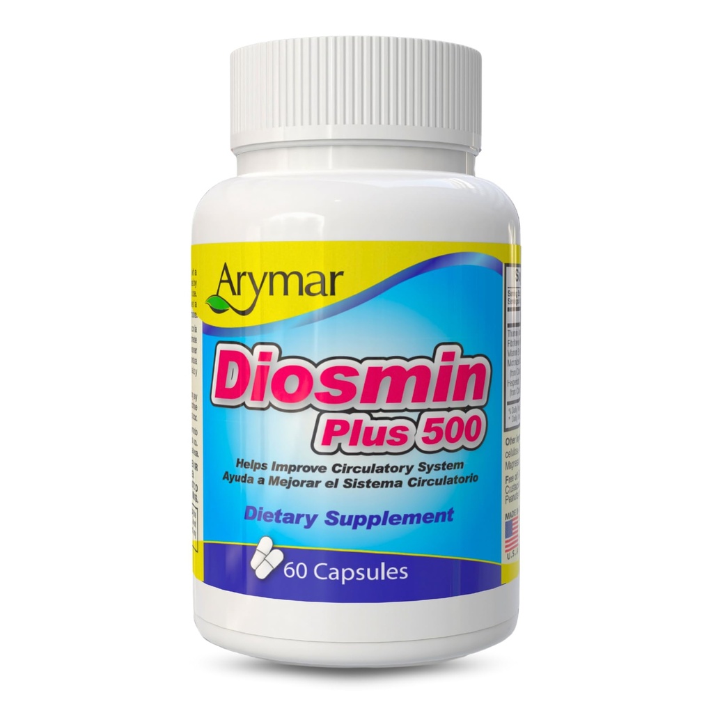 Arymar Diosmin Plus 500 mg - Circulatory Support Supplement med Mikronized Diosmin, Hesperidin & B DexComplex - 60 kapsler