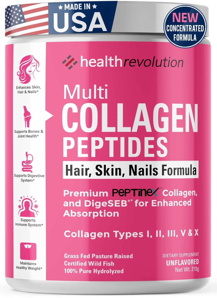 Multi collagen protein pulver, type I, II, III, V, X - 5 hydrolyseret collagen peptider, hud, hår, negle & joints, tredobbelt Raffineret for nem blanding, 99% Absorption Rate, Non-GMO, Gluten- Free, Unflavored