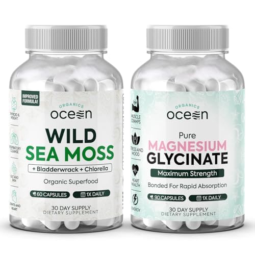 Organics Ocean Wild Sea Moss Kapsler og Pure Magnesium Glycinate med zink - 100% Irish Sea Moss og Chelated Magnesium supplement til kvinder og mænd - Thyroid, muskelkramper og søvn støtte