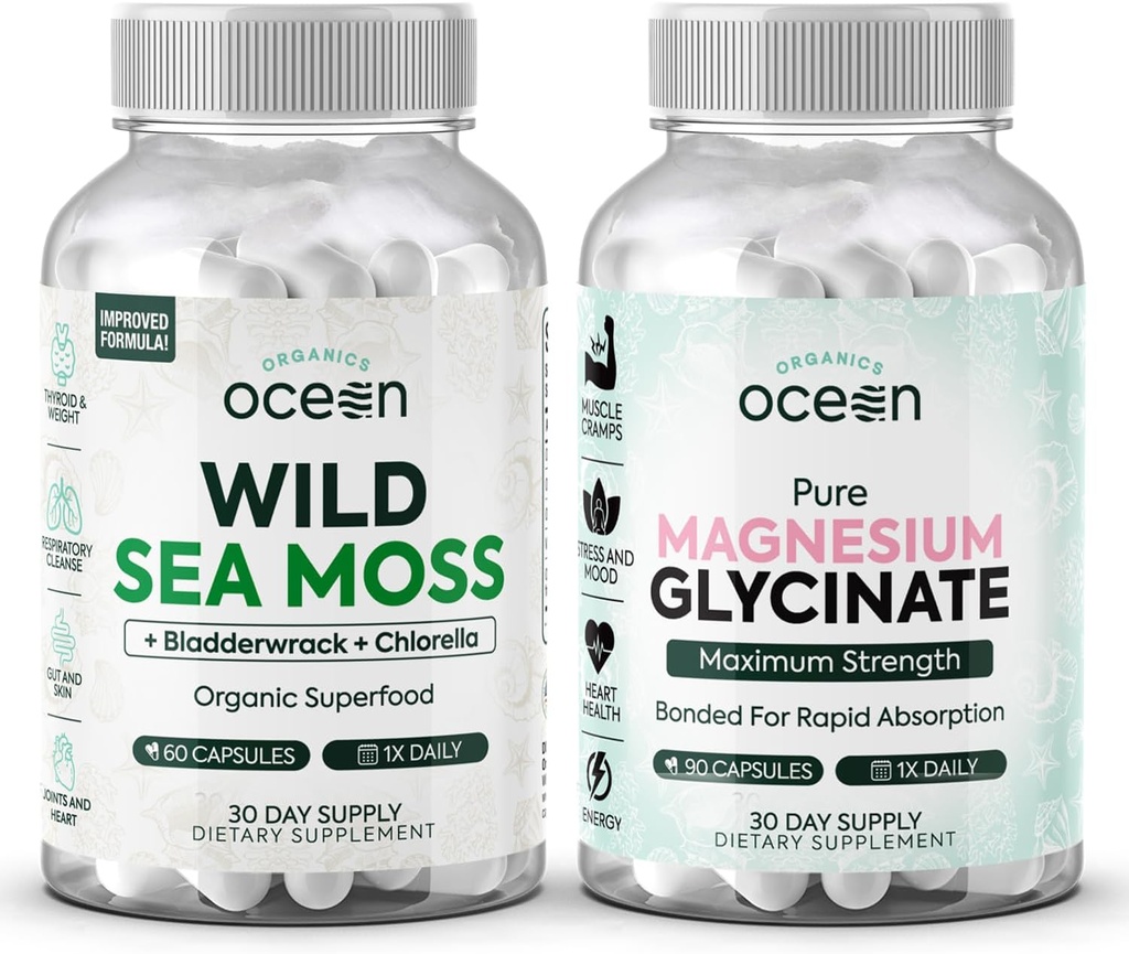 Organics Ocean Wild Sea Moss Kapsler og Pure Magnesium Glycinate med zink - 100% Irish Sea Moss og Chelated Magnesium supplement til kvinder og mænd - Thyroid, muskelkramper og søvn støtte