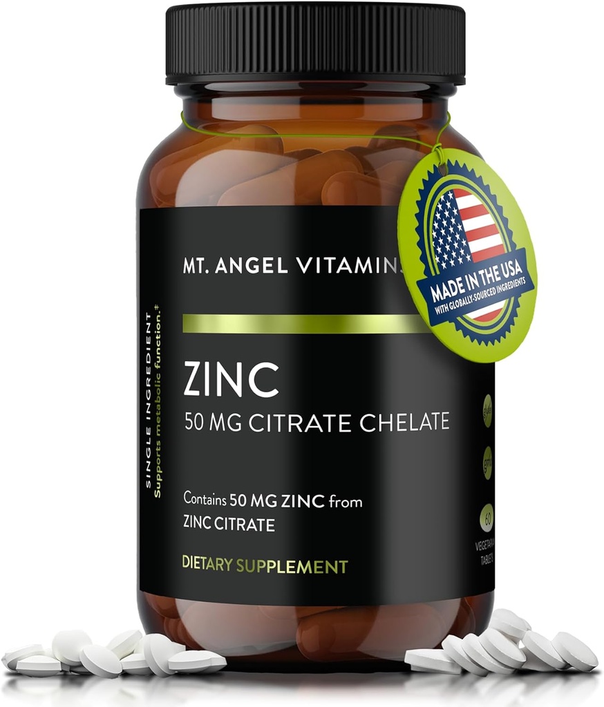 Mt. Angel Vitamin - Zink Citrate 50mg - Zink 50 mg Citrat Chelate - Natural Zinktilskud Lavet i USA - 60 Vegetariske tabletter