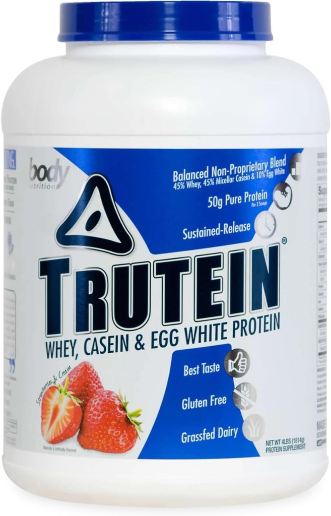 Krop Nutrition Trutein High Protein Powder: 45% Whey, 45% Casein, 10% Egg White, Gluten- Free, Lavnatrium, Græs Fed Whey Protein Powder, Gym Supplement & Breakfast Shake, Jordbær & Cream, 4lb
