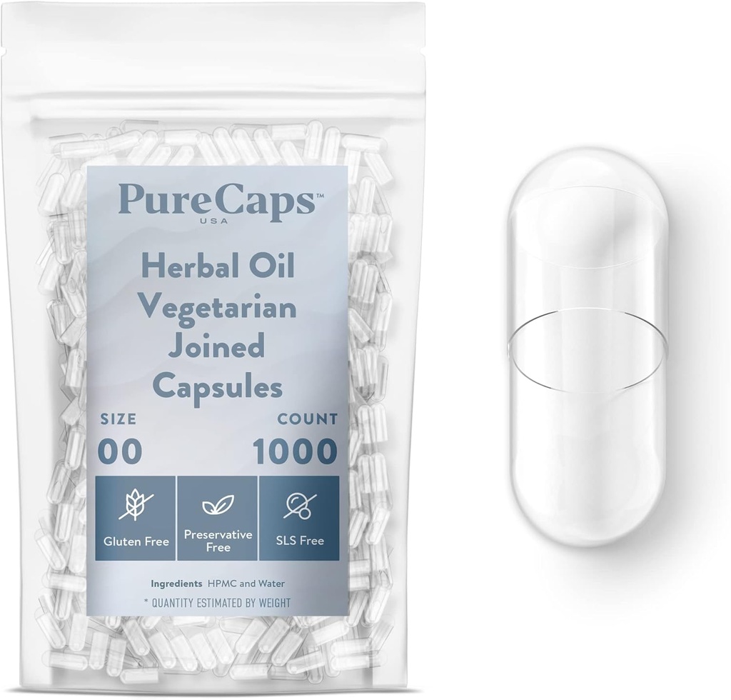 Purecaps USA - Tom Herbal Oil Vegetarian Vegan Pill Kapsler Størrelse 00 Budding124; 1.000 Forenede Pills Budding- 124; Klar 124; Non- GMO Certificeret 124; SLS, Gluten, Konserveringsfri