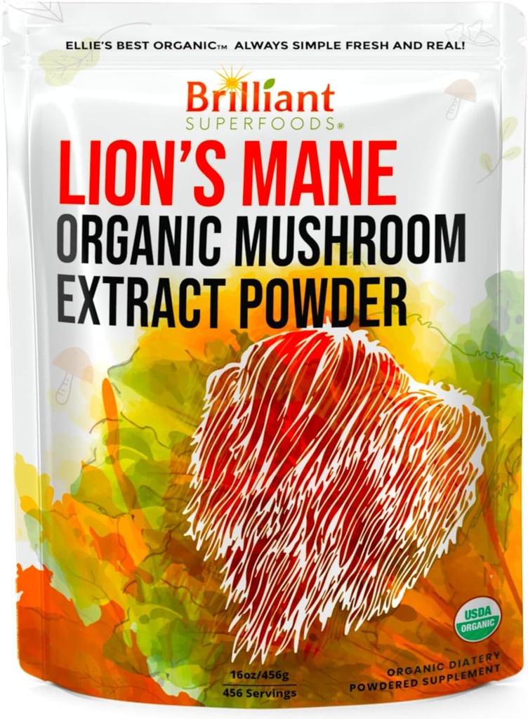 Ellie 's Best Lions Mane Organic Mushroom Extract Powder Supplement - Dobbelt Extracted for 10X Potency - Pure No Fillers - 16oz - 458 1g...