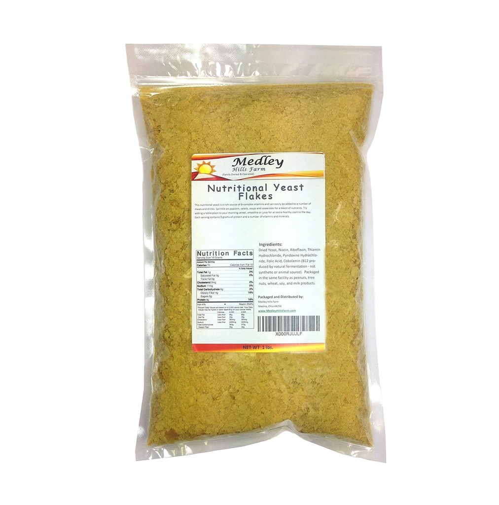 Nutritional Yeast Flakes 1 lb. Fortified - Gluten Free - Non GMO - Vegan - Vegetarian Support Formula Medley Hills Farm