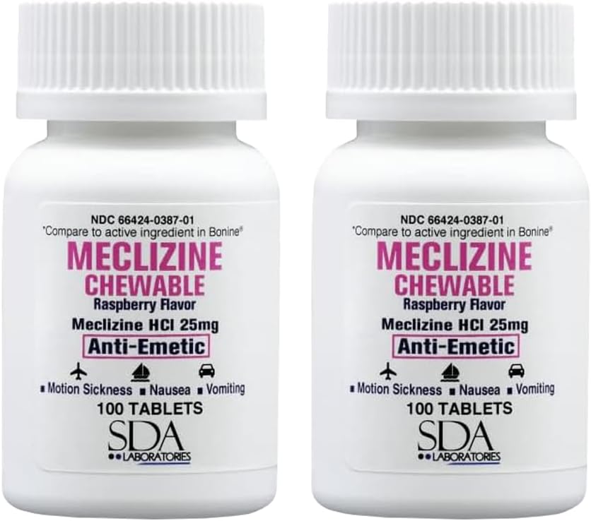 SDA LABORATORIES Meclizin 25mg tyggetabletter, anti- ematisk, hindbær flavor, Motion Sygdom & Vertigo Relief for kvalme, svimmelhed, Opkastning, Bærbar rejsestøtte (2 flasker af 100 Greve)