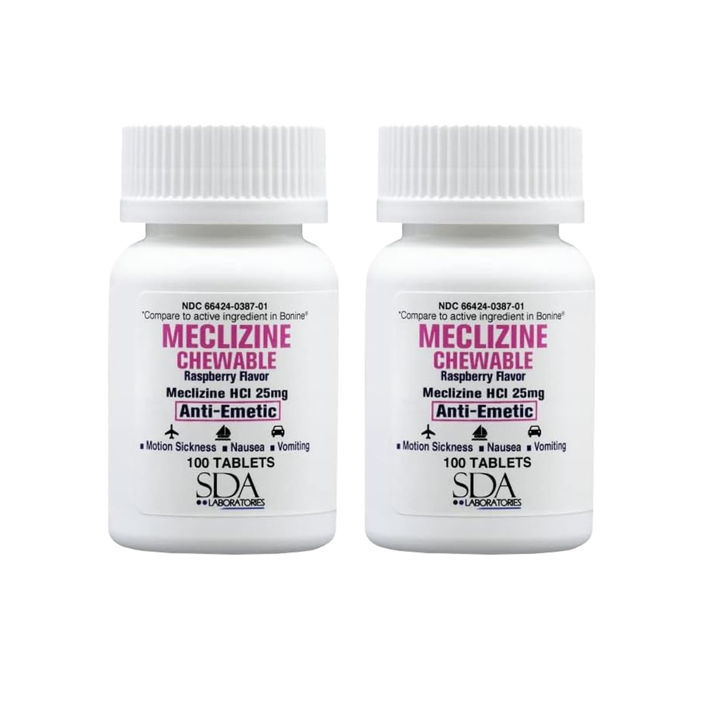SDA LABORATORIES Meclizin 25mg tyggetabletter, anti- ematisk, hindbær flavor, Motion Sygdom & Vertigo Relief for kvalme, svimmelhed, Opkastning, Bærbar rejsestøtte (2 flasker af 100 Greve)