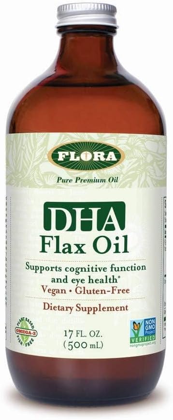 Flora DHA hør Oil - Understøtter hjerne sundhed - Indeholder Vegan Omega- 3-6-9, Gluten- Free, Kosher & Non- GMO - Hold nedkølet - glasflaske - 17 fl. oz.