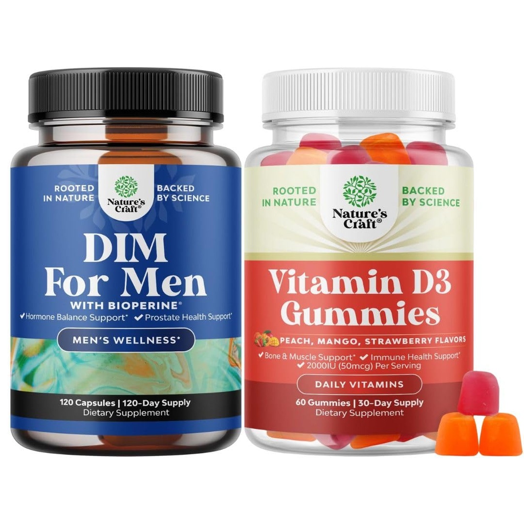 Bundle af avanceret diindolylmethan DIM supplement til mænd og vitamin D3 gummier for daglig wellness for ben muskel & immunforsvar