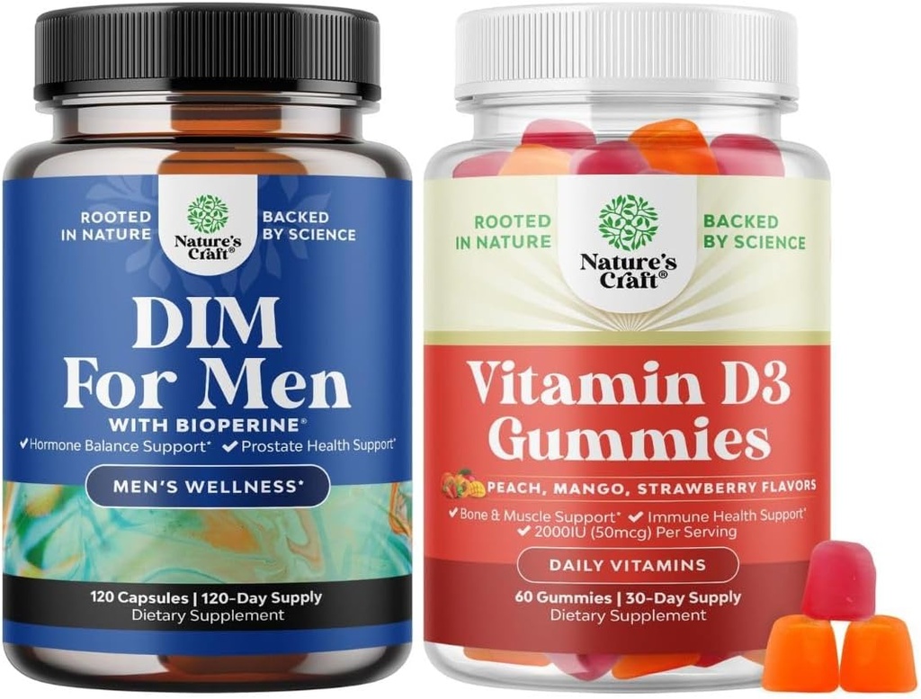 Bundle af avanceret diindolylmethan DIM supplement til mænd og vitamin D3 gummier for daglig wellness for ben muskel & immunforsvar