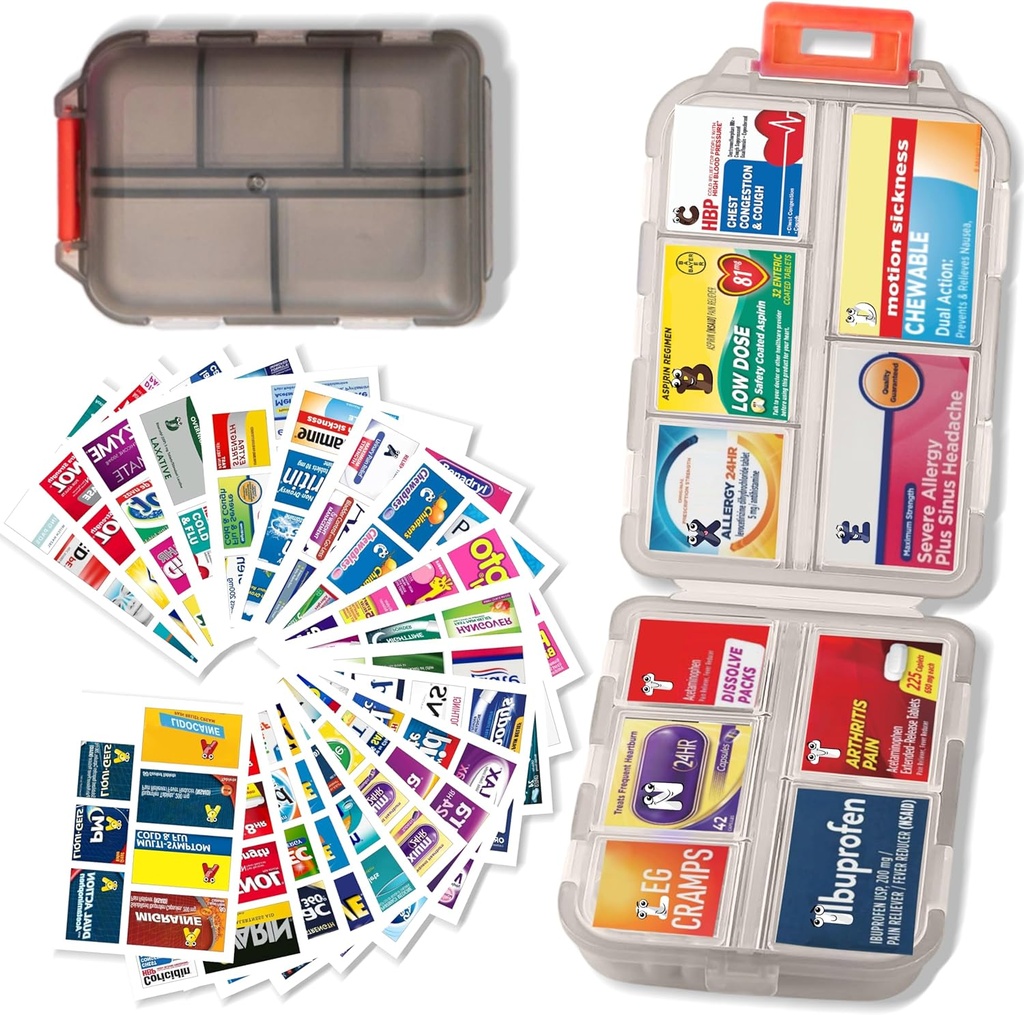 Pill Organizer with Medicine Labels Travel Daily Pill Container Mini Medication Organizer Storage Pill Organizer Travel Essentials Pill Case 7 Day (Pink & 161 Lables)