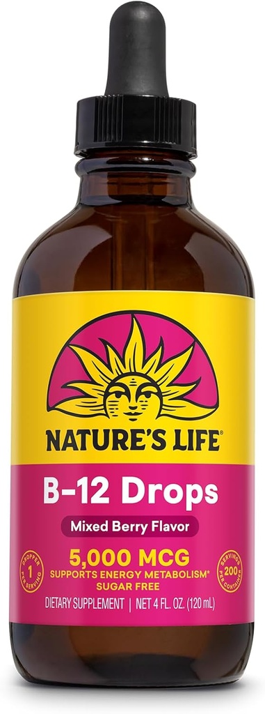 Nature 's Life B12 Drops 5000 mcg - Vitamin B12 Methylcobalamin - Flydende B12 supplement til energi Metabolisme, nerve funktion og røde blodceller støtte naturlige blandet berry, sukker fri (200 Serv, 4oz)