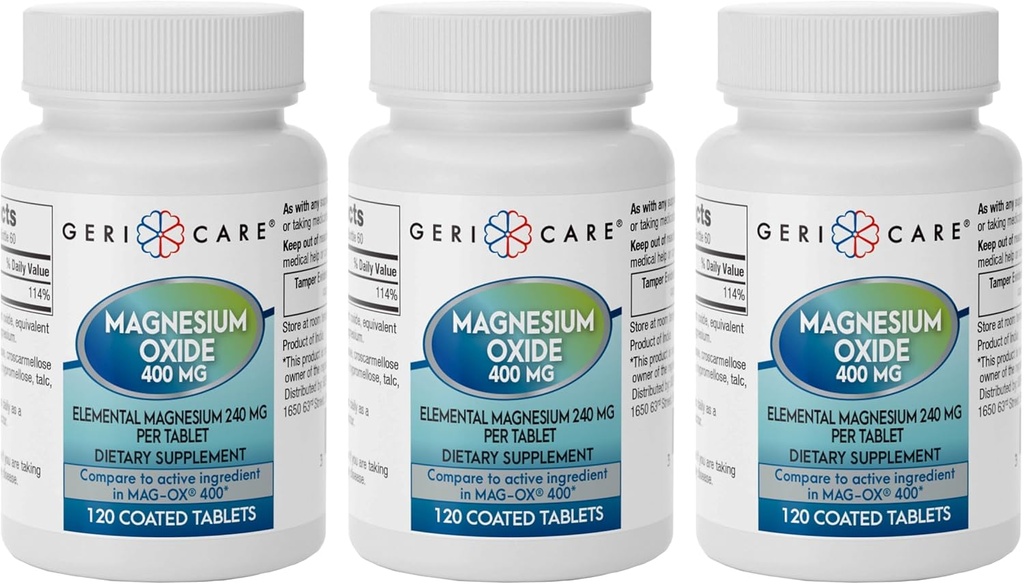 GeriCare Magnesium Oxide Supplement 240 mg Elemental Magnesium, 120 tabletter, Essential Mineral Support, Promodes Vaskulære Sundhed, Knoglestyrke og Muskelfunktion (pakning med 3)