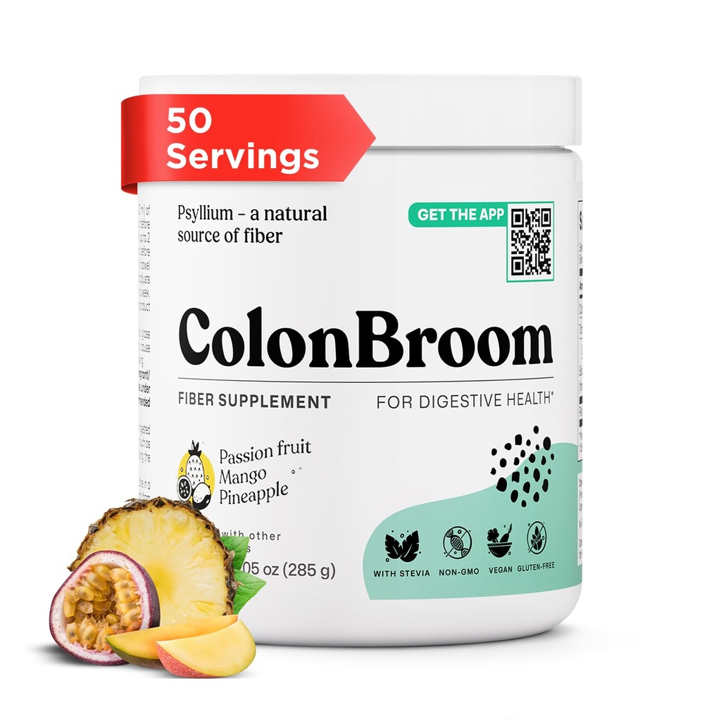 ColonBroom Psyllium Husk Powder med Stevia (tropiske frugter) - Colon Cleanse for Bloating Relief & Gut Health - Colon Broom Fiber Powder Drink - Vegan Fiber Powder Stevia supplement, 50 Servere
