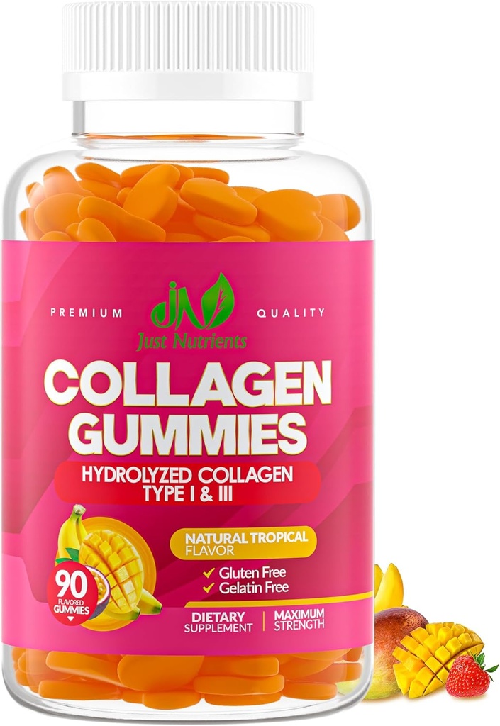 Collagen Gummies for Women & Men (90 Greve) - Premium Hydrolyzed Collagen Type I & III for Hår, Hud & Nails Support - Great Tasting Tropical Flavor, Gluten- Free, Non- GMO - 90 Gummies (45 Servere)