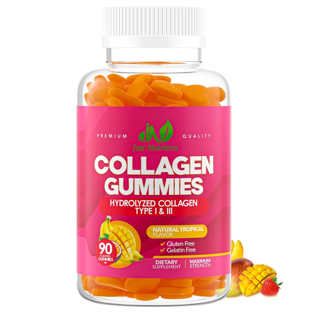 Collagen Gummies for Women & Men (90 Greve) - Premium Hydrolyzed Collagen Type I & III for Hår, Hud & Nails Support - Great Tasting Tropical Flavor, Gluten- Free, Non- GMO - 90 Gummies (45 Servere)