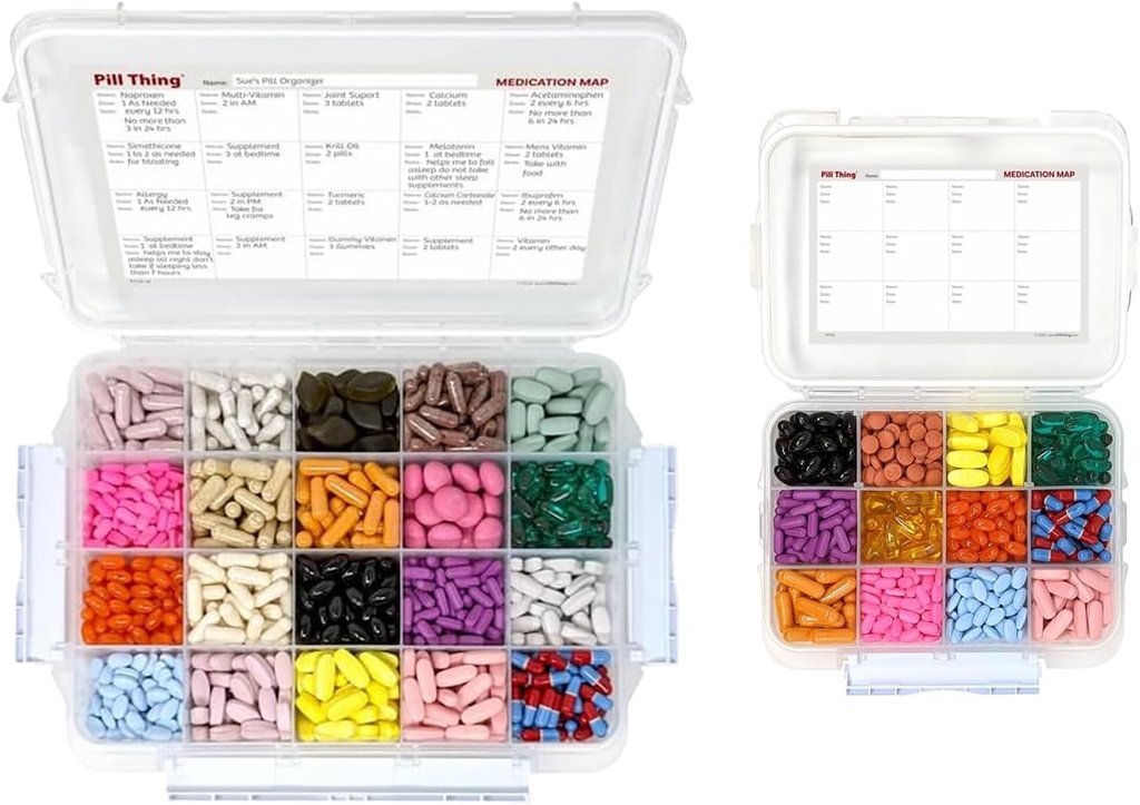 20 Compartment Large Pill Case with Airtight Seal - Silicone Gasket Waterproof Med Box with Medication Map (Combo Pack - 20 & 12)