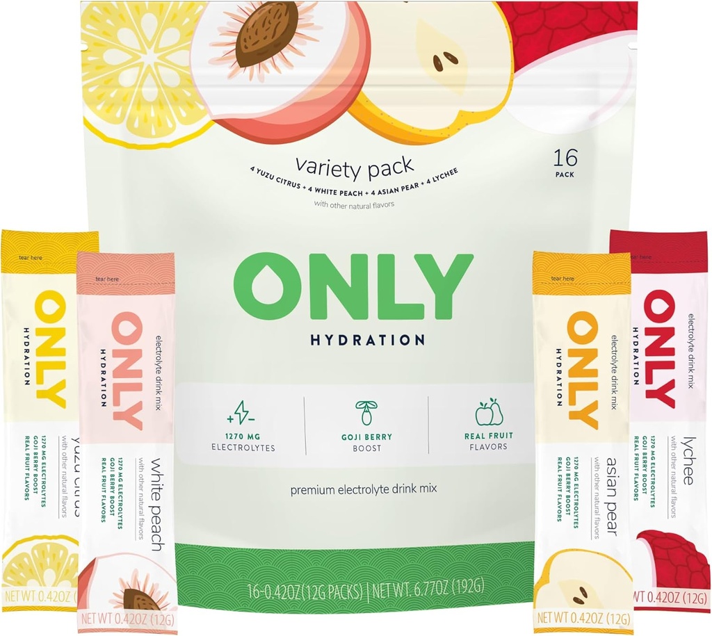 Variety Pack 1270 mg Electrolyte Powder - 3g Sugar - Monk Fruit Sweetener - Ingen kunstige smagsstoffer - Superfood Goji Berry - Vitamin C, B6, B12 - On- The- Go Sticks - 1 pakke (16 Pakninger)