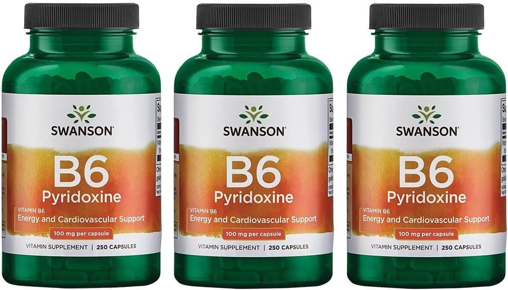 Swanson B6 Pyridoxin - Vitamin supplement Fremme Kardiovaskulær sundhed & energi Metabolisme - Naturformel Fremme Samlet Wellness - (250 kapsler, 100 mg hver) 3 Pack