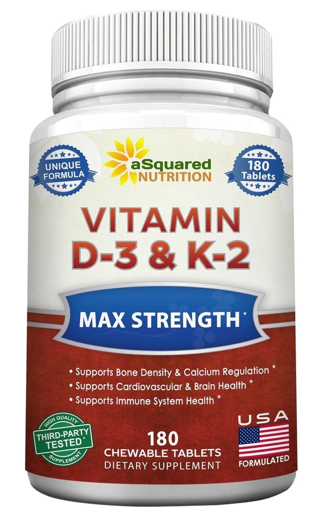 aSquared Nutrition Vitamin D3 med K2 Supplerende - 180 tyggetabletter, Max Styrke D-3 Cholecalciferol & K-2 MK7 til støtte sunde knogler, tænder, hjerte-antioxidant D3 & K2 MK- 7 Energiformel Voksne