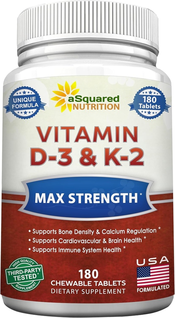 aSquared Nutrition Vitamin D3 med K2 Supplerende - 180 tyggetabletter, Max Styrke D-3 Cholecalciferol & K-2 MK7 til støtte sunde knogler, tænder, hjerte-antioxidant D3 & K2 MK- 7 Energiformel Voksne