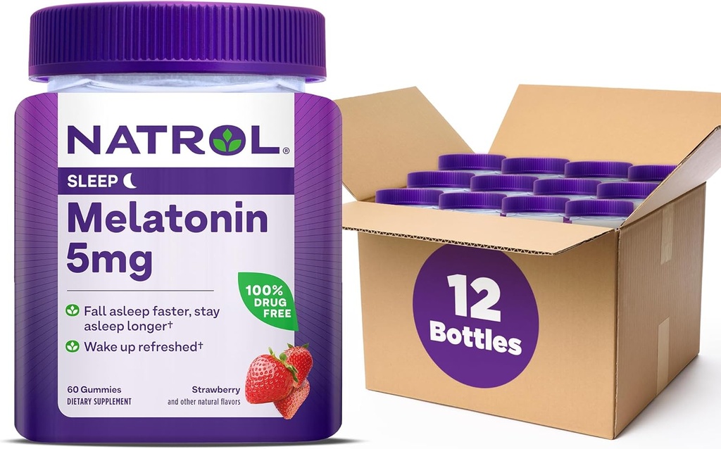 Natrol 5mg Melatonin Gummies, Sovestøtte til voksne, Melatonin Kosttilskud til søvn, 60 Strawberry- Aromatiserede Gummies, 30 dages forsyning (pakke med 12)