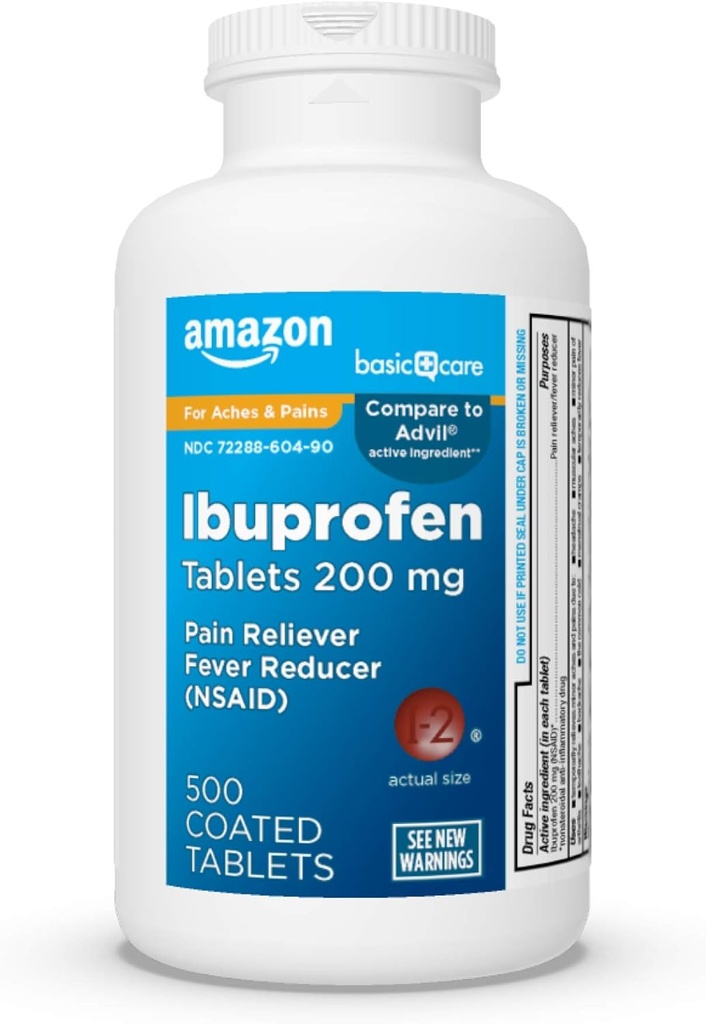 Basic Care Ibuprofen Tablets 200 mg, Pain Reliever / Fever Reducer, 500 Greve