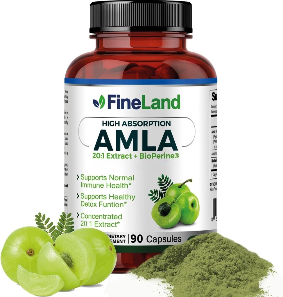 FineLand Amla (Indian Gooseberry) 20X Full Spectrum Extract - 30,600mg Ækvivalent per servering med BioPerine ® for Absorption, Rich in Natural Vitamin C, Immun & fordøjelsesstøtte - 90 Veganske kapsler