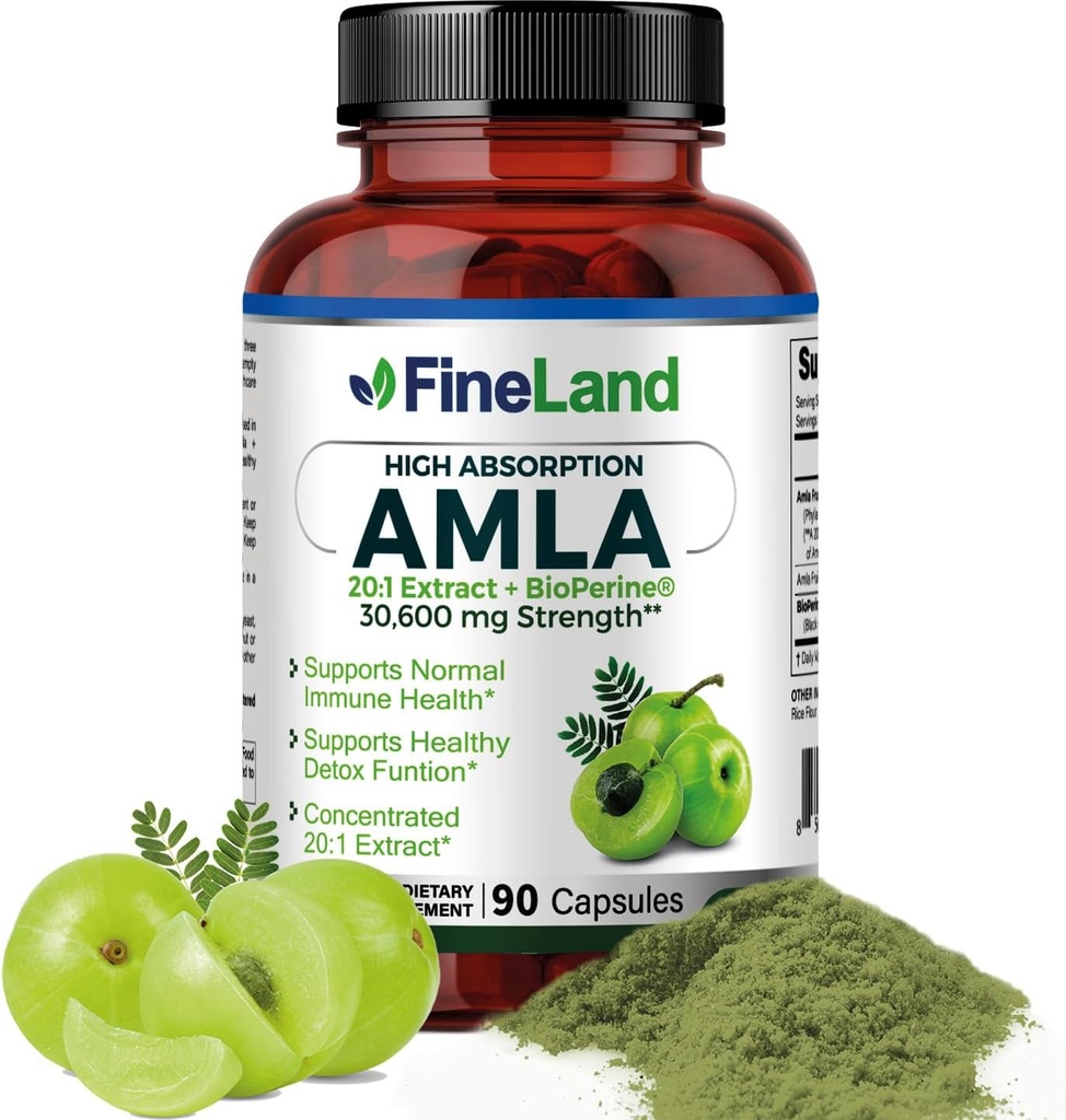 FineLand Amla (Indian Gooseberry) 20X Full Spectrum Extract - 30,600mg Ækvivalent per servering med BioPerine ® for Absorption, Rich in Natural Vitamin C, Immun & fordøjelsesstøtte - 90 Veganske kapsler