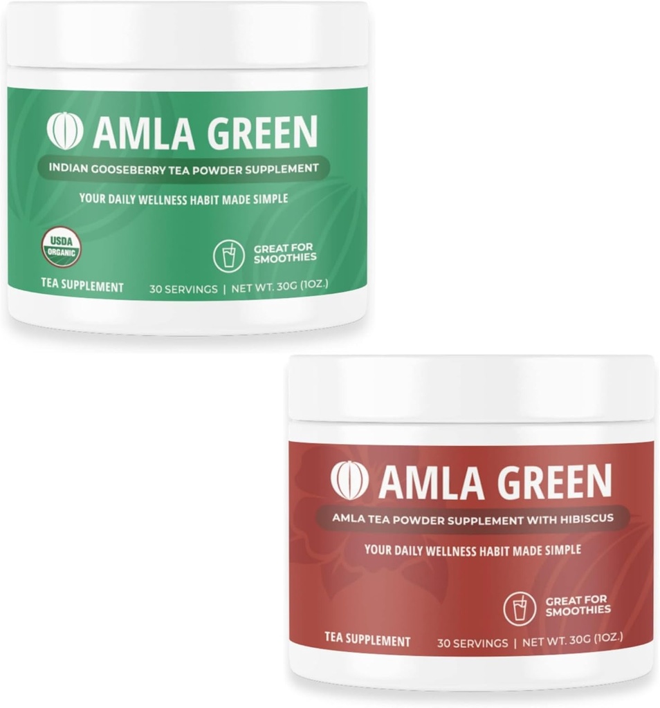 Amla Powder & Green Tea Superfood supplement med indiske Gooseberries & Hibiscus, Organic, Vegan, 30 Servere